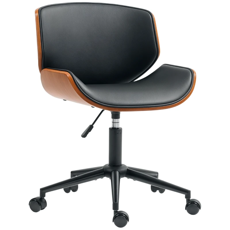 HOMCOM Mid-Century Modern Office Chair No Arms with Wheels, Small Computer Desk Chair with PU Leather Upholstery, Bentwood