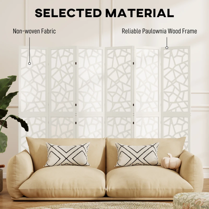 HOMCOM 6 Panel Room Divider, 5.6 FT Lightweight Folding Privacy Screen with Geometric Pattern for Living Room, Bedroom, White