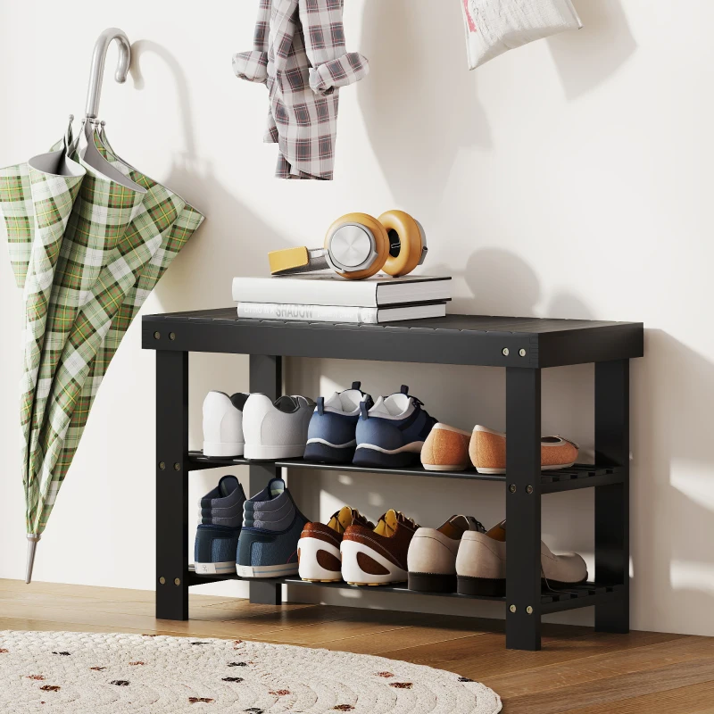 HOMCOM Bamboo Shoe Storage Bench, 3-Tier Entryway Bench with 2 Storage Shelves for Hallway, Holds 6 Pairs, Black