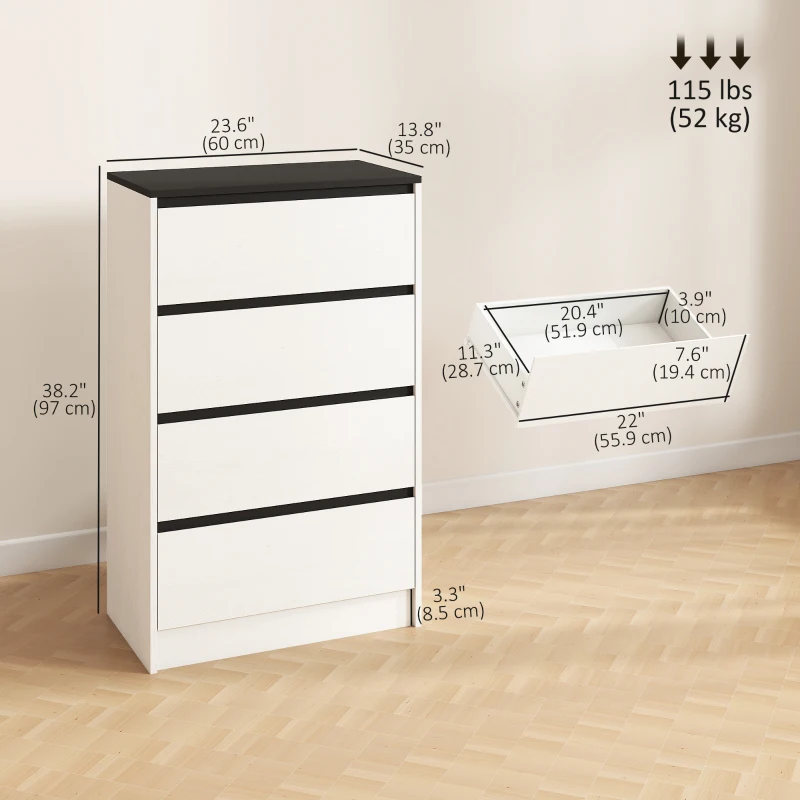 HOMCOM Tall Chest of Drawers, 4 Drawer Dresser for Bedroom, Living Room, Hallway, Modern Storage Cabinet, White Wood Effect