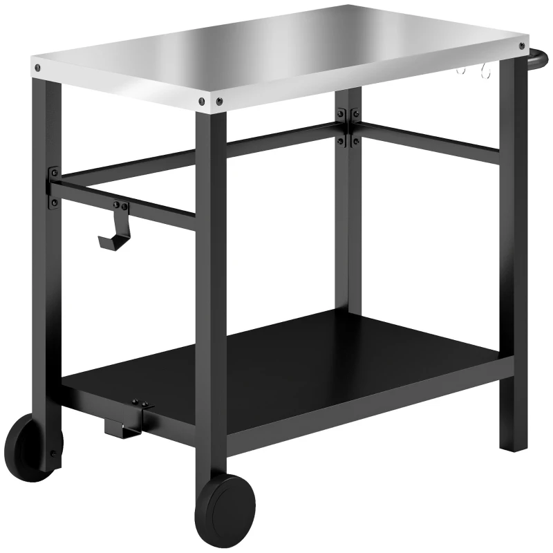 Outsunny Outdoor Grill Dining Cart with Stainless Steel Tabletop, 2-Shelf BBQ Movable Pizza Oven Stand with Wheels, Charcoal Grey