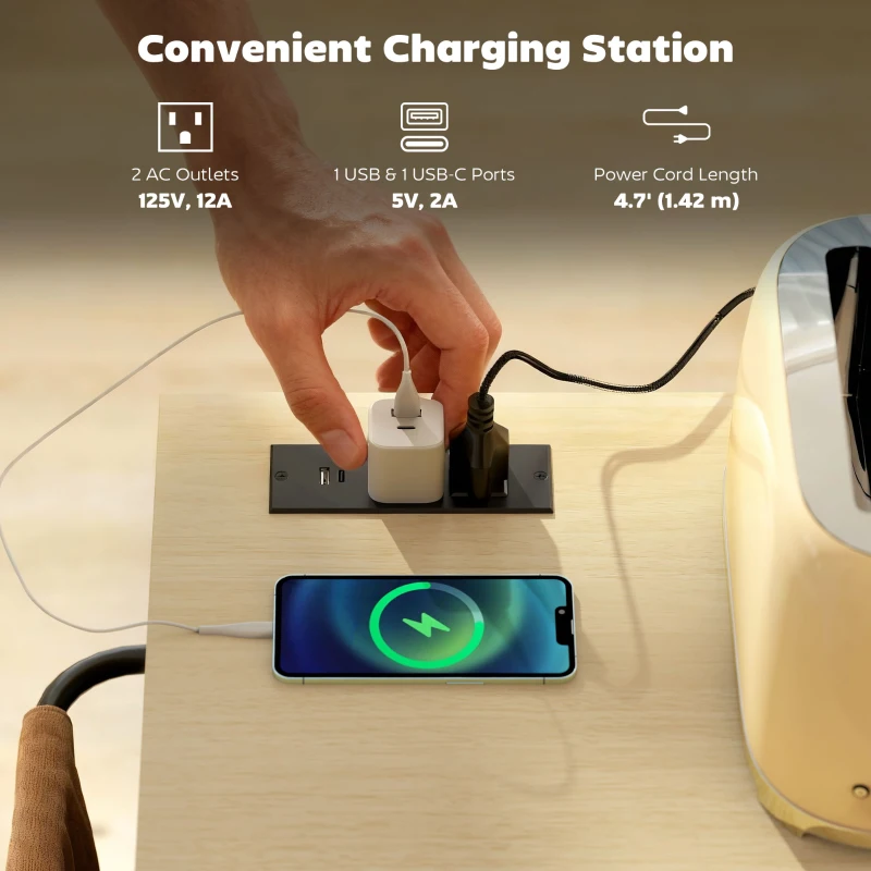 HOMCOM Kitchen Island with Storage, Rolling Kitchen Cart with Charging Station, Drop Leaf, Spice Rack, Towel Rack, Drawers