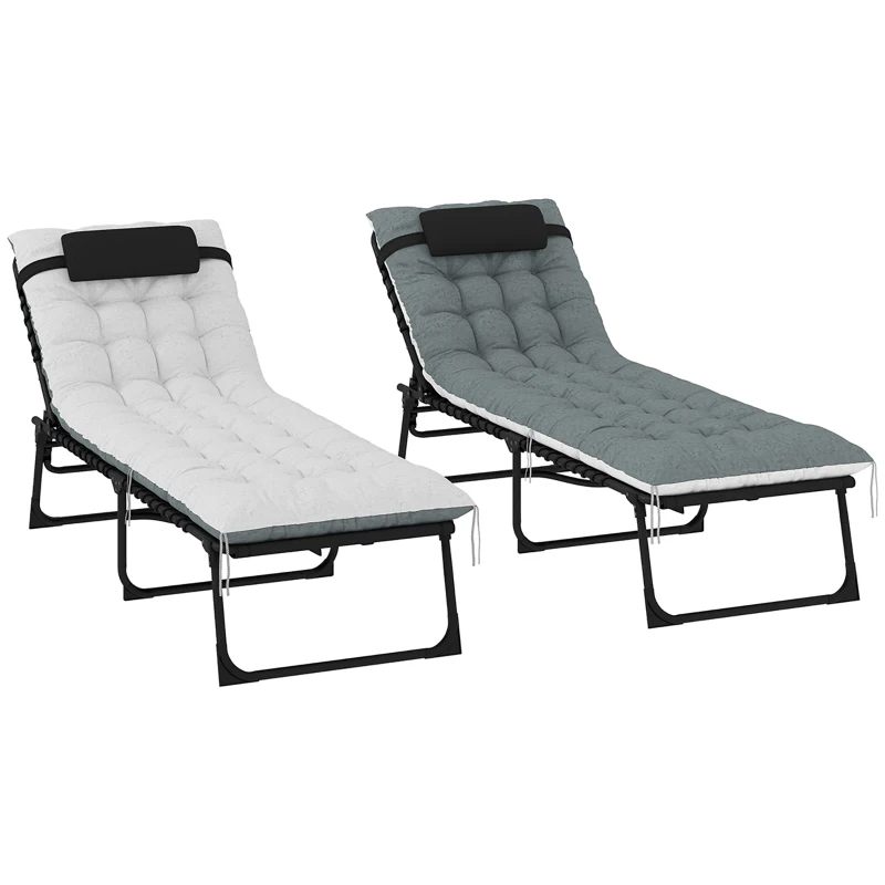 Outsunny Outdoor Lounge Chair Set of 2, Folding Chaise Lounge Tanning Chair with Cushion, Side Pocket, Black/Grey