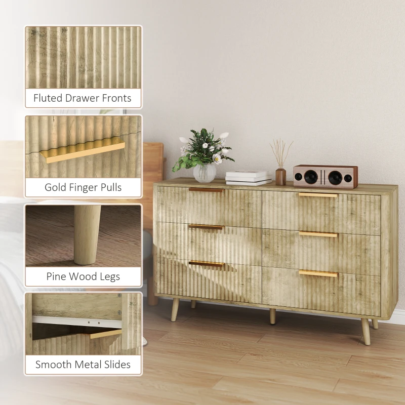 HOMCOM Fluted Chest of Drawers, Modern 6 Drawer Dresser with Pine Wood Legs, Finger Pulls for Closet, Living Room, Hallway, Oak
