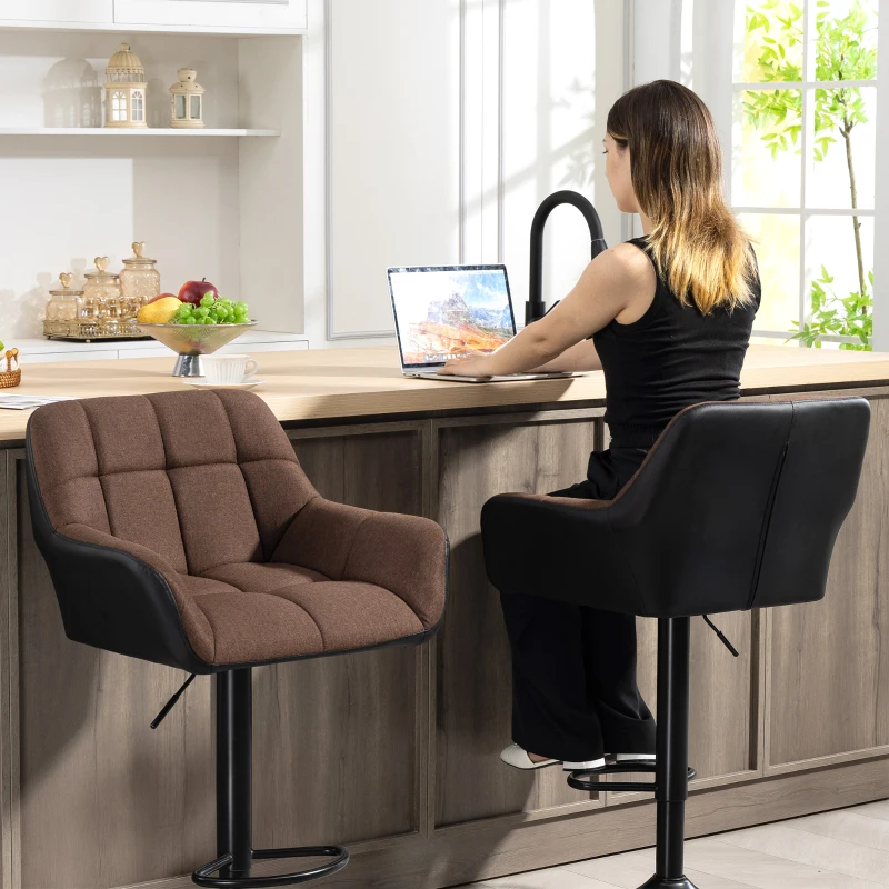 HOMCOM Swivel Barstools Set of 2 Adjustable Bar Stools with Footrest Armrests and PU Leather Back for Dining Room Brown