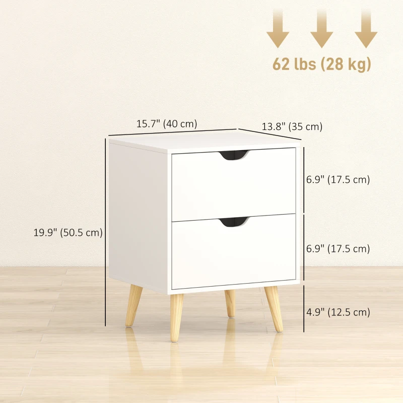 HOMCOM Modern Bedside Table Set of 2, Nightstand with 2 Drawers and Pine Wood Legs for Bedroom, Living Room, White