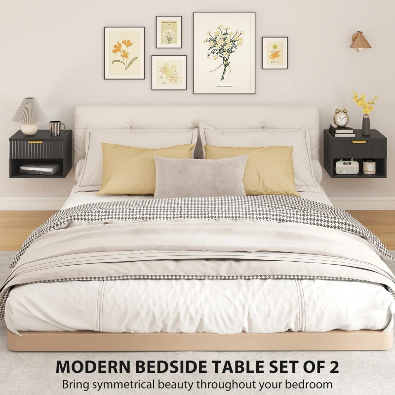 HOMCOM Floating Nightstands, Wall Mounted Bedside Tables Set of 2 with Drawer and Open Shelf, Black