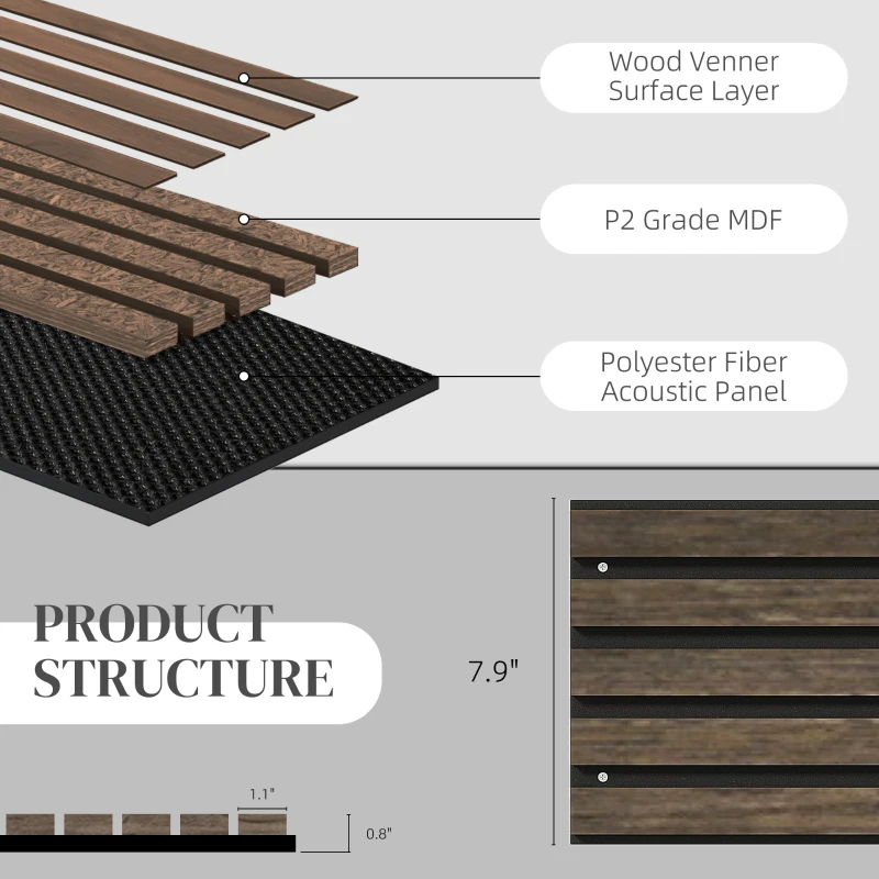 HOMCOM 95" x 8" Wood Panels for Wall, 4 Pack Acoustic Panels, Sound Absorbing Slat Wall For Interior Wall Decor, Home, Walnut