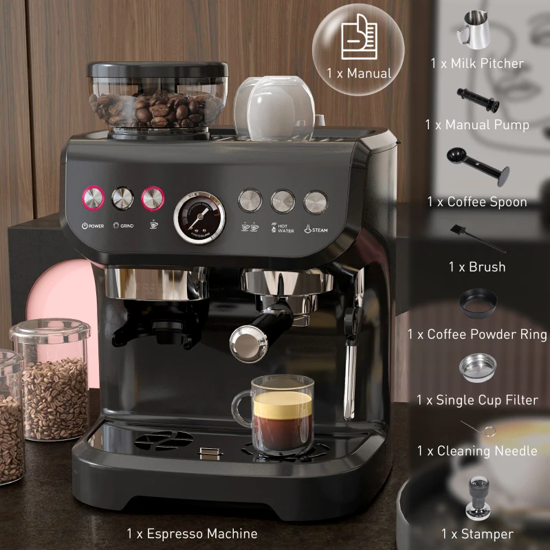 HOMCOM Espresso Machine, 15 Bar Barista Coffee Maker with Milk Frother, Fast Heating, Grinder for Espresso, Latte, Cappuccino