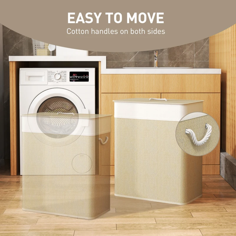 HOMCOM Double Laundry Basket with Lid, 100L Bamboo Laundry Hamper with Rope Handles and Removable Bags, Natural