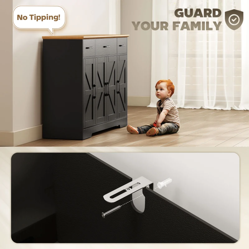 HOMCOM 47" Buffet Cabinet with Soft-Close Hinges, Farmhouse Sideboard with 3 Drawers, Adjustable Shelves and Spice Racks, Black