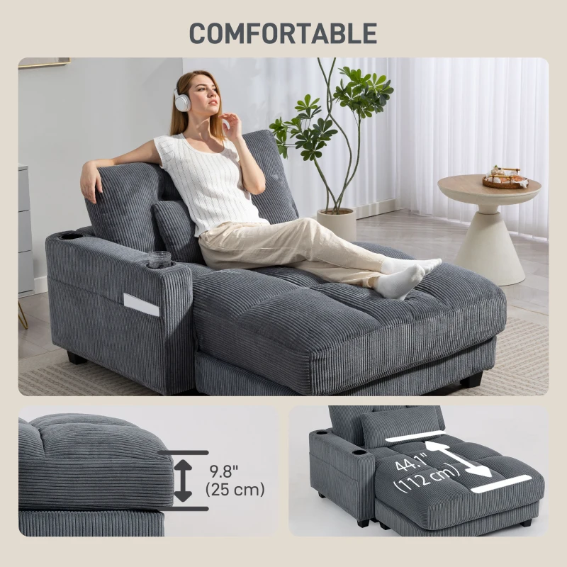 HOMCOM 58" Chaise Lounge Indoor, Oversized Corduroy Sofa Bed with 2 Cup Holders, Pillow, Deep Seat Sleeper Couch, Dark Grey