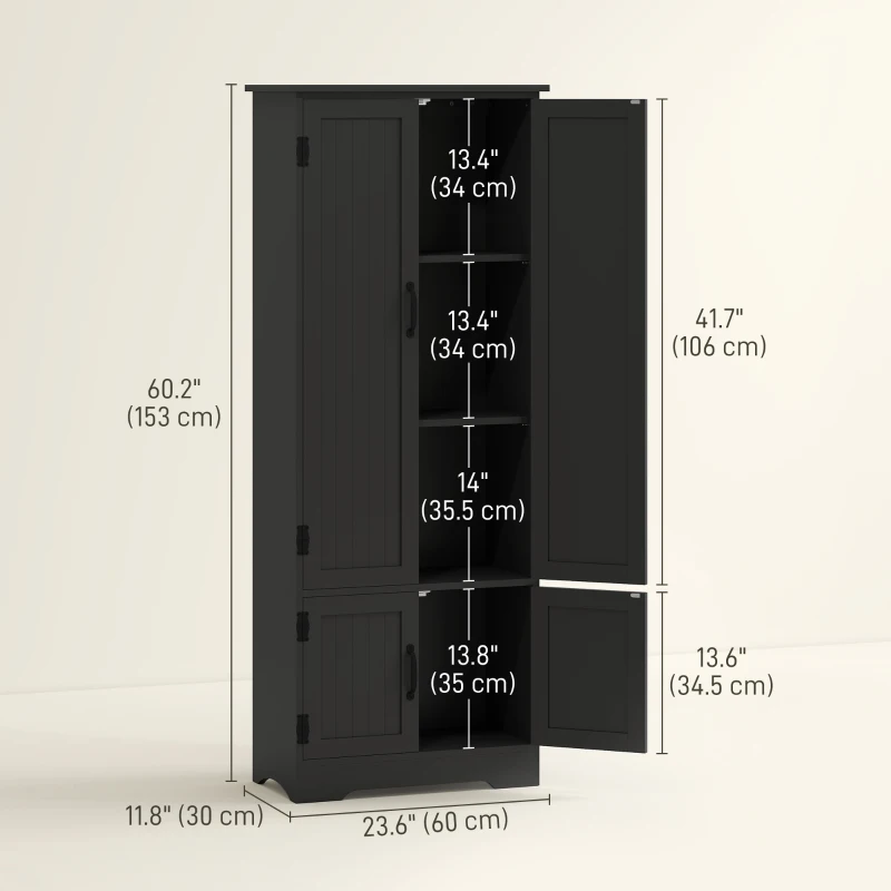 HOMCOM 60" 4-Door Storage Cabinet Multi-Storey Large Space Pantry with Adjustable Shelves Black