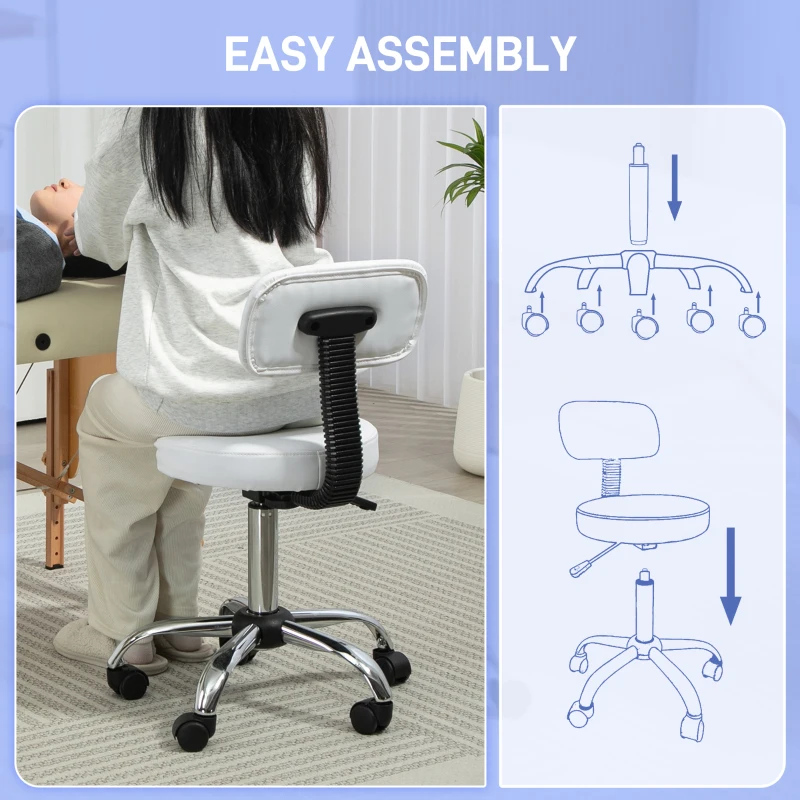 HOMCOM Adjustable Rolling Stool with Removable Backrest, Faux Leather Swivel Stool Chair for Salon Spa, Bar, Massage, White