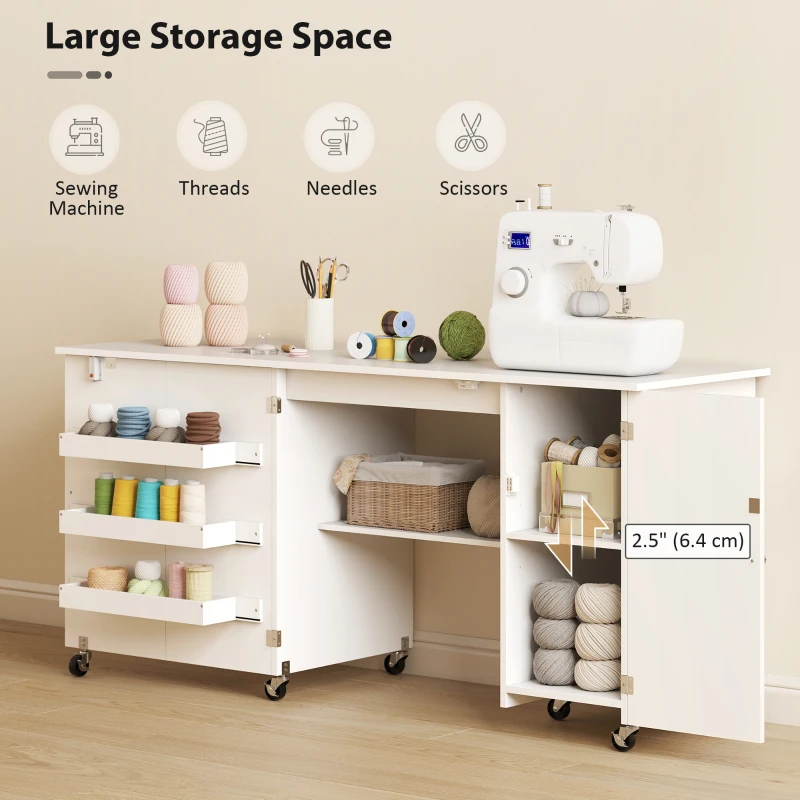 HOMCOM Sewing Machine Table with Drop Leaf, Folding Craft Table with 2 Doors and Adjustable Shelf for Small Spaces, White