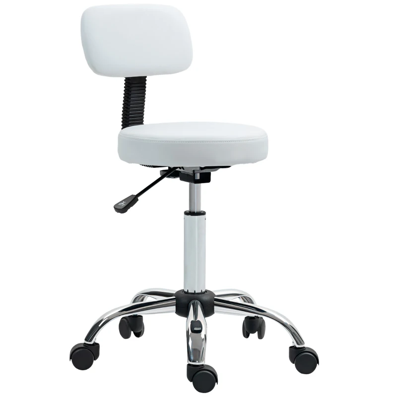 HOMCOM Adjustable Rolling Stool with Removable Backrest, Faux Leather Swivel Stool Chair for Salon Spa, Bar, Massage, White