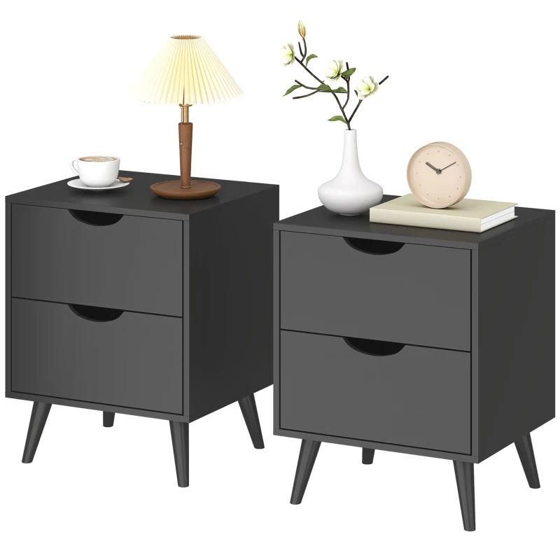 HOMCOM Modern Bedside Table Set of 2, Nightstand with 2 Drawers and Pine Wood Legs for Bedroom, Living Room, Black