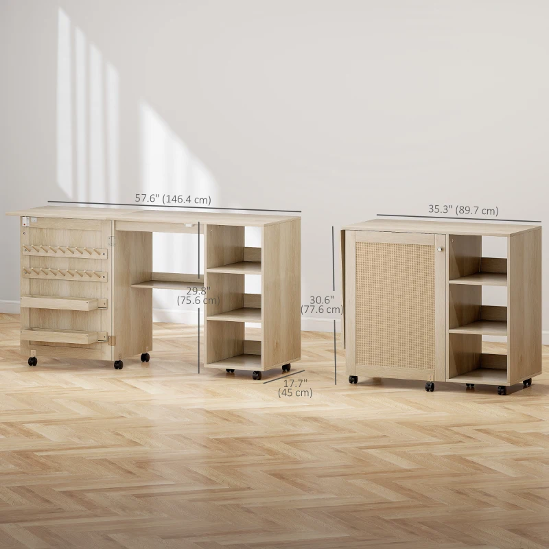HOMCOM Sewing Machine Table with Drop Leaf, Folding Craft Table Rattan Door and Storage Shelves for Small Spaces, Natural