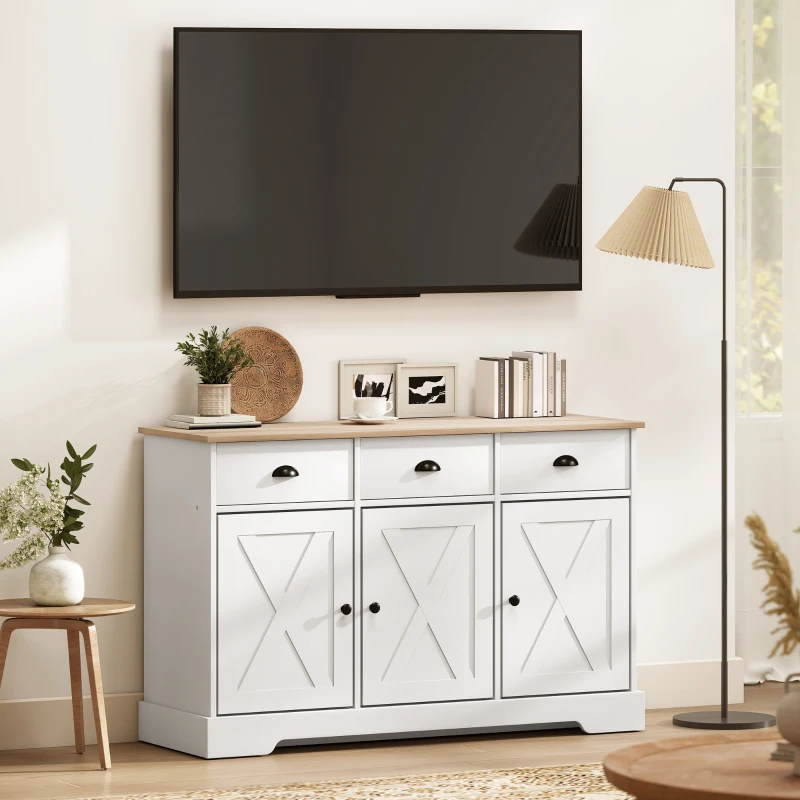 HOMCOM 46.5" Buffet Cabinet, Farmhouse Sideboard with 3 Barn Doors and 3 Drawers for Living Room, Kitchen, White