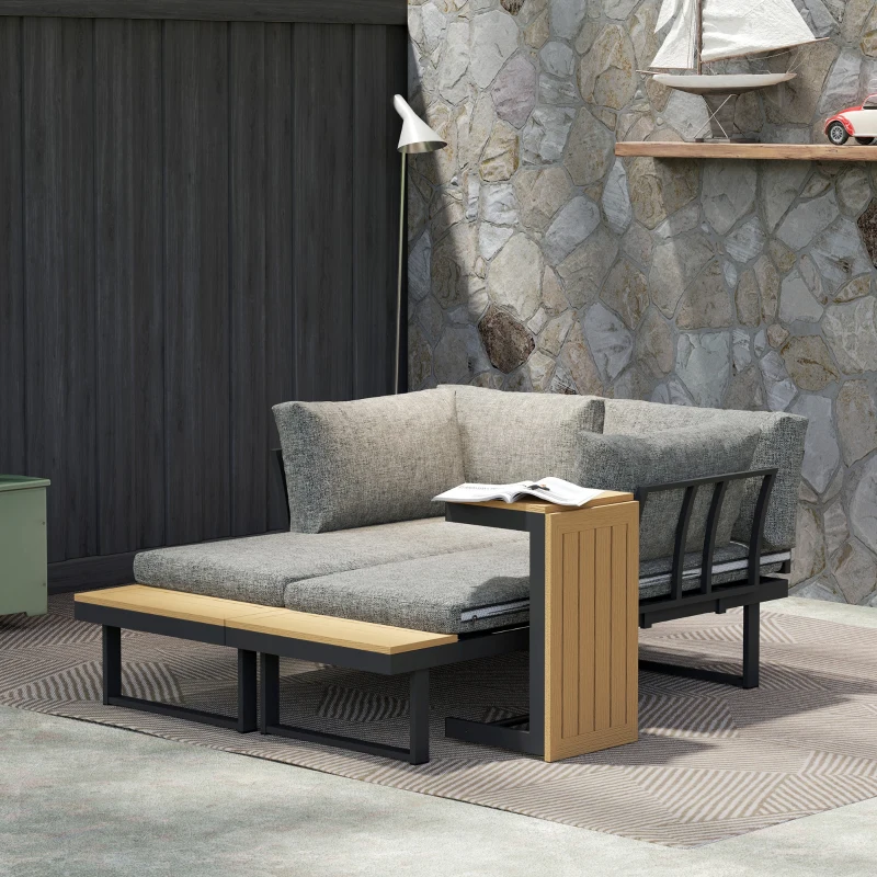 Outsunny 3 Pieces Aluminum Corner Patio Furniture Set Sectional Outdoor Sofa Set with 2 Loveseats Wood-Plastic Coffee Table