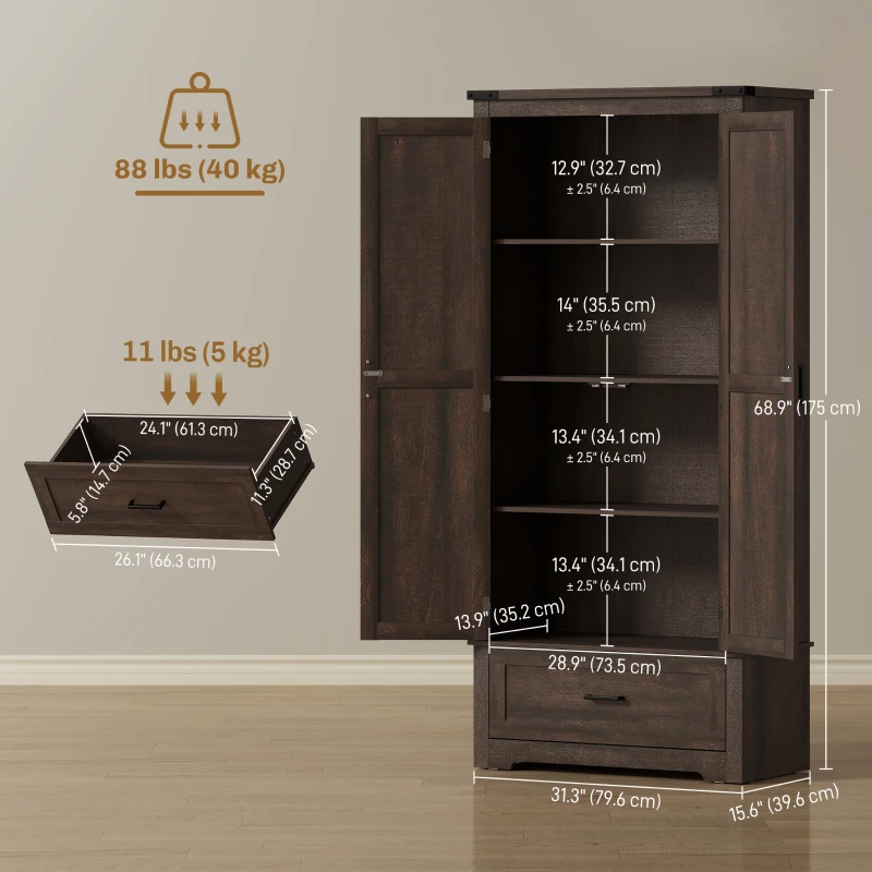 HOMCOM 69" Tall Farmhouse Kitchen Pantry Cabinet with 2 Doors, Drawer and Adjustable Shelves, Dark Brown