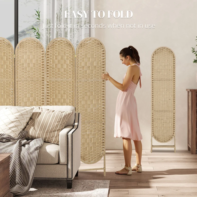 HOMCOM Bohemian Privacy Screen, Folding Room Divider with 4 Panels and Arched Top for Bedroom Living Room Office, Natural Wood