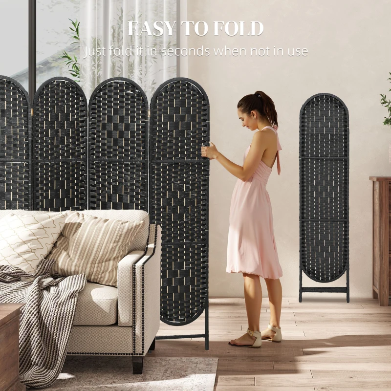 HOMCOM Bohemian Privacy Screen, Folding Room Divider with 4 Panels and Arched Top for Bedroom Living Room Office, Black