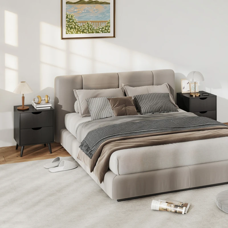 HOMCOM Modern Bedside Table Set of 2, Nightstand with 2 Drawers and Pine Wood Legs for Bedroom, Living Room, Black