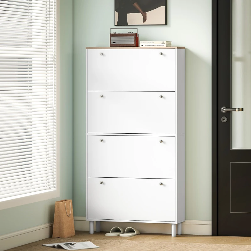 HOMCOM Narrow Shoe Cabinet with 4 Flip Drawers, Shoe Storage Cabinet with Adjustable Shelves, Holds 24–32 Pairs, White