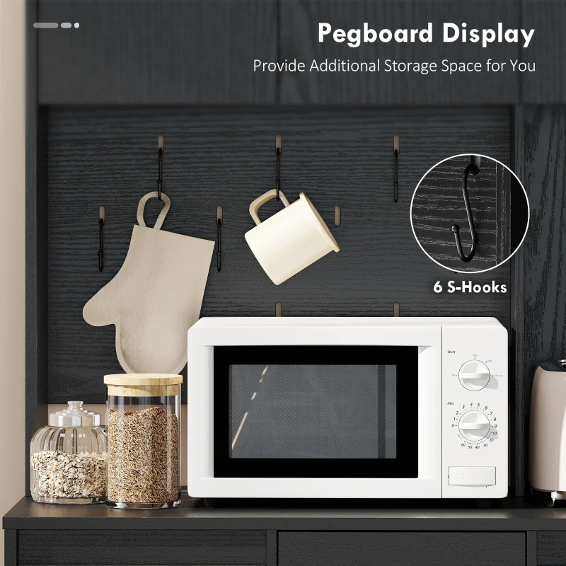 HOMCOM 71" Pantry Cabinet with Charging Station, Kitchen Storage Cabinet with Microwave Stand, Pegboard, 6 S-hooks, Black