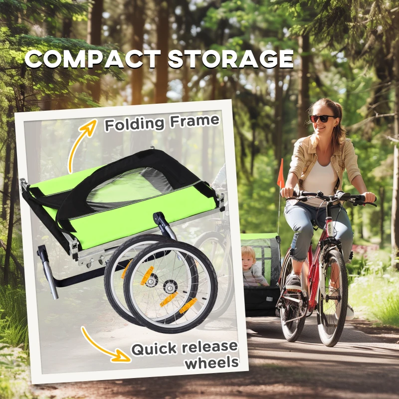 Aosom 2-Seat Child Bike Trailer for Kids with a Strong Steel Frame, 5-Point Safety Harnesses, & Comfortable Seat, Green