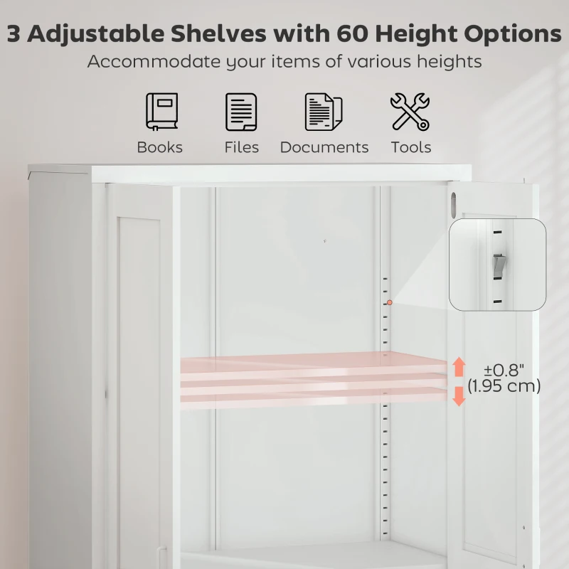 HOMCOM Office Storage Cabinet, Lockable Filing Cabinet with 3 Adjustable Shelves and 2 Doors for Home Office, Garage, White