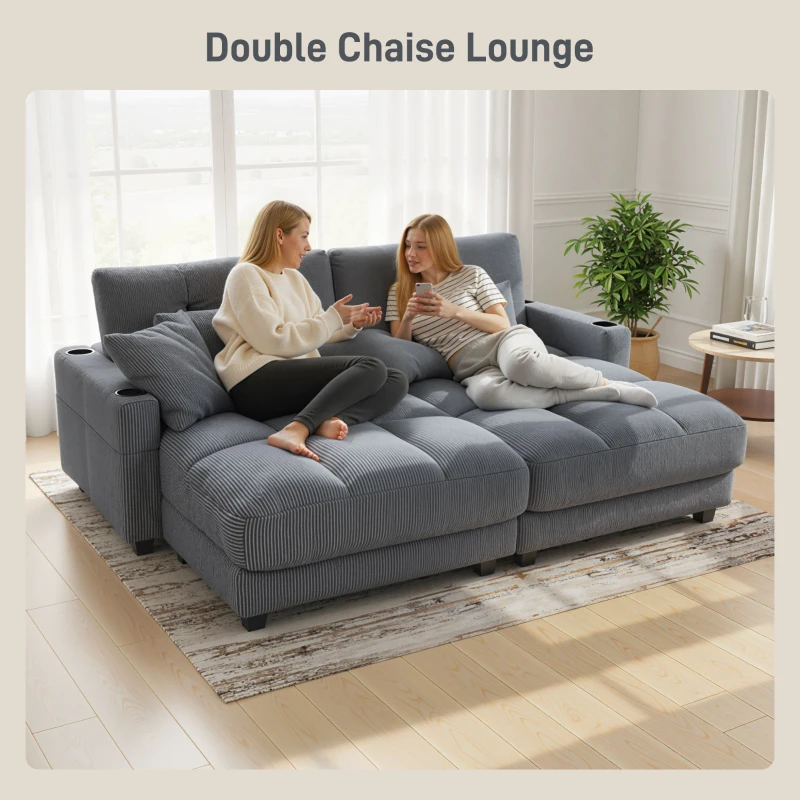 HOMCOM 58" Chaise Lounge Indoor, Oversized Corduroy Sofa Bed with 2 Cup Holders, Pillow, Deep Seat Sleeper Couch, Dark Grey