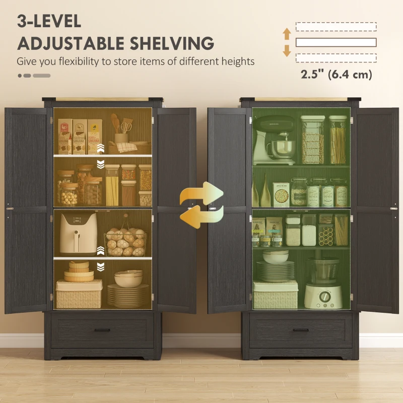 HOMCOM 69" Tall Farmhouse Kitchen Pantry Cabinet with 2 Doors, Drawer and Adjustable Shelves, Black and Brown