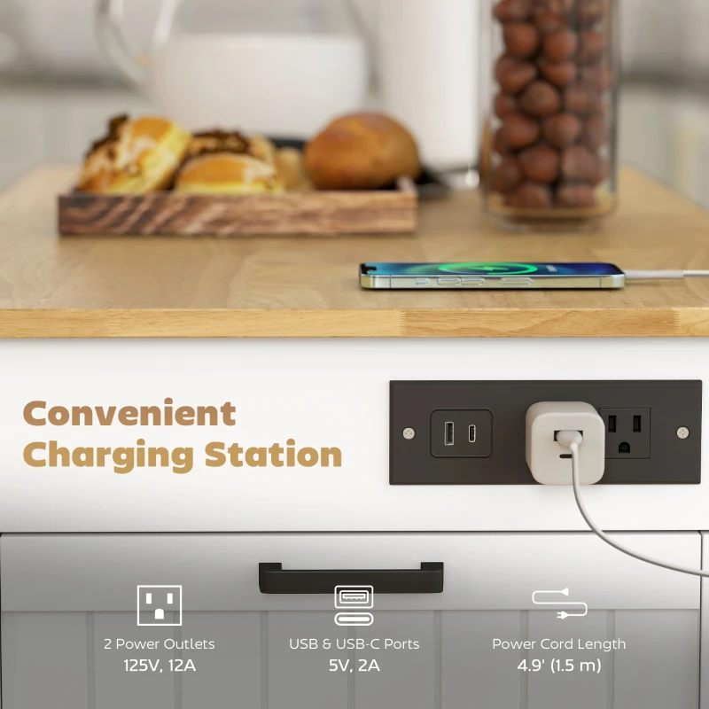 HOMCOM Kitchen Island Cart, Portable Kitchen Island Table with Charging Station, Rubber Wood Drop Leaf, Trash Storage, White