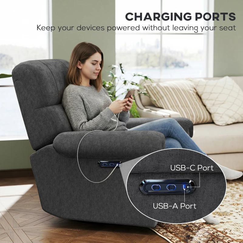 HOMCOM Power Recliner Chair, Fabric Upholstered Recliner Chair with USB Ports, Swivel and Rocking Function, Footrest, Dark Grey