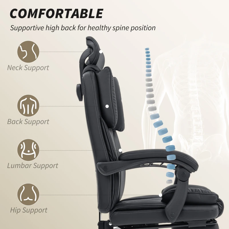 HOMCOM Reclining Office Chair, Executive Desk Chair with Pet-Friendly Fabric, Headrest, Footrest, Swivel Wheels, Black