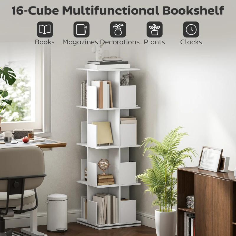 HOMCOM 360° Rotating Bookcase, 4 Tier Bookshelf with 16 Cubbies for Small Space, Living Room, Bedroom, Study, White Wood Grain