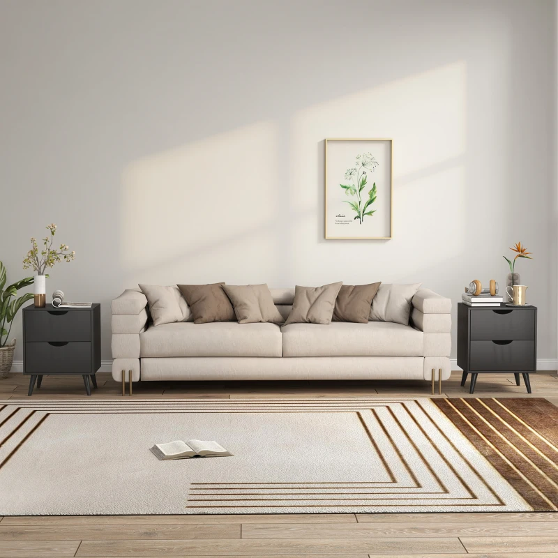 HOMCOM Modern Bedside Table Set of 2, Nightstand with 2 Drawers and Pine Wood Legs for Bedroom, Living Room, Black