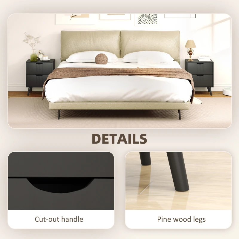 HOMCOM Modern Bedside Table Set of 2, Nightstand with 2 Drawers and Pine Wood Legs for Bedroom, Living Room, Black