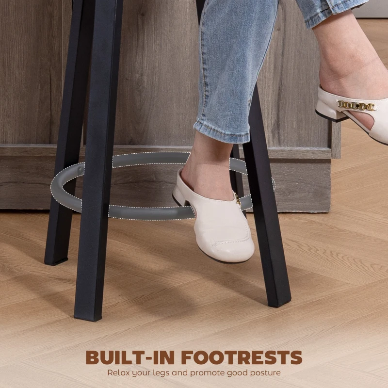 HOMCOM Bar Stools Set of 2, Upholstered Breakfast Bar Chairs with Footrest and Backrest for Kitchen Counter, Brown