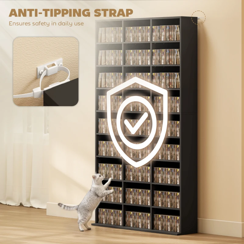 HOMCOM Media Storage Cabinet, 9-Tier DVD Shelf with 21 Adjustable Shelves, Holds 835 CDs, 500 DVDs or 640 Blu-rays, Black