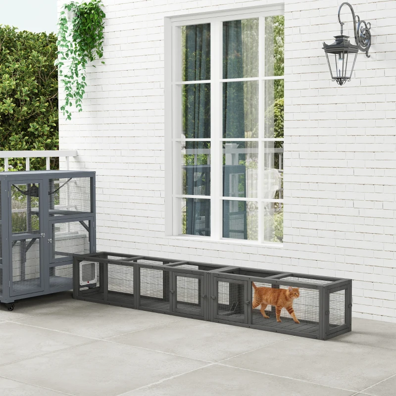 PawHut Wooden 98" Cat Tunnel for Outdoor with Combinable Design, 8 Doors, Dark Gray