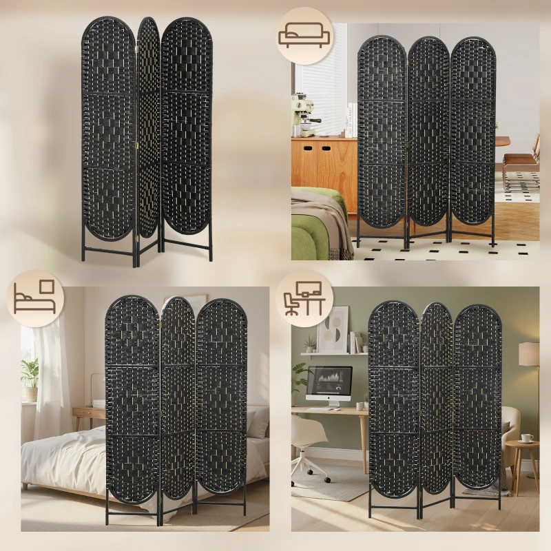 HOMCOM Bohemian Privacy Screen, Folding Room Divider with 3 Panels and Arched Top for Bedroom Living Room Office, Black