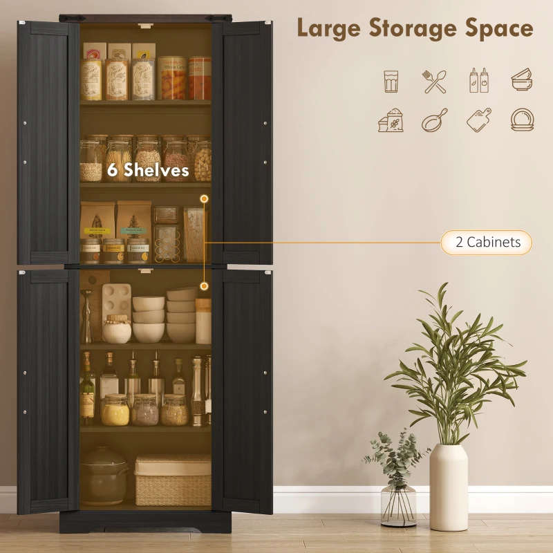 HOMCOM 72" Pantry Cabinet, Farmhouse Freestanding Kitchen Storage Cabinet with Adjustable Shelves for Dining Room, Black