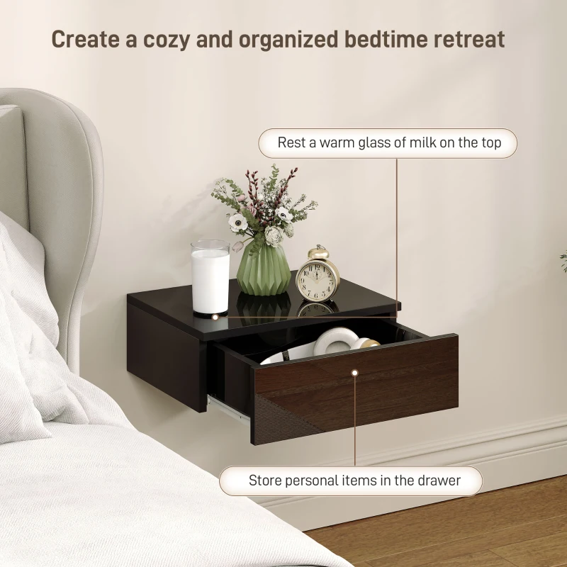 HOMCOM Set of 2 Wall Mounted Bedside Tables, High Gloss Floating Nightstands with Drawer for Bedroom, Black