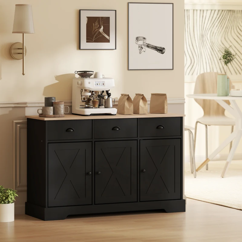 HOMCOM 46.5" Buffet Cabinet, Farmhouse Sideboard with 3 Barn Doors and 3 Drawers for Living Room, Kitchen, Black