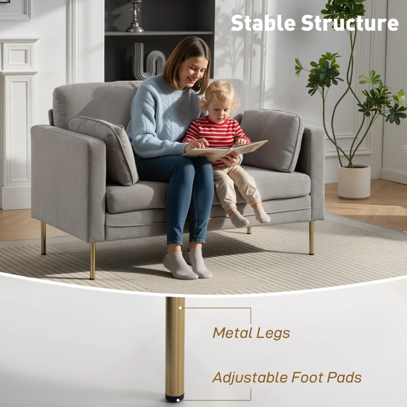 HOMCOM Loveseat Sofa, 55" Small Sofa Couch with 2 Pillows, Metal Legs for Living Room, Bedroom, Apartment, Grey