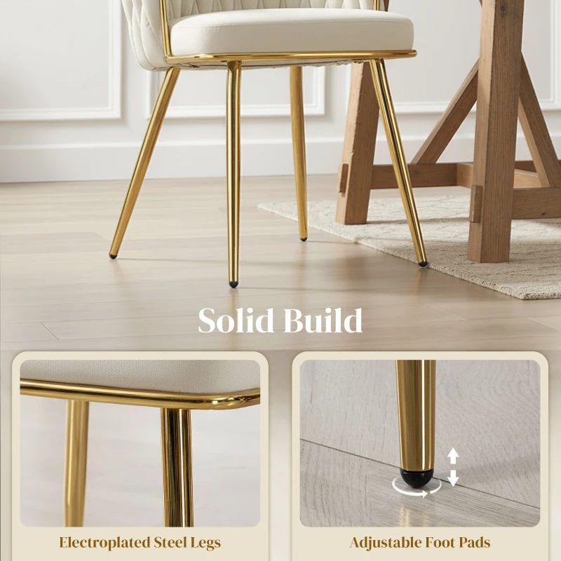 HOMCOM Modern Dining Chairs Set of 2, Velvet-Feel Upholstered Kitchen Chairs with Woven Backrest and Metal Legs, Cream White