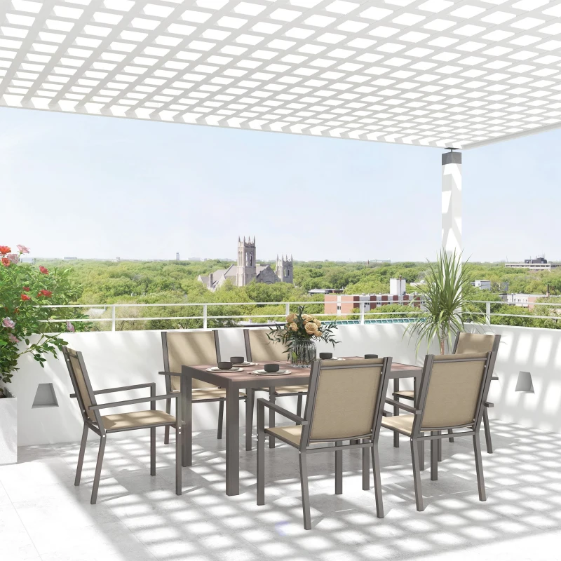 Outsunny 7 Piece Outdoor Dining Set with Rectangular Table and 6 Stackable Chairs, for Backyard, Lawn, Deck, Balcony, Pool Side